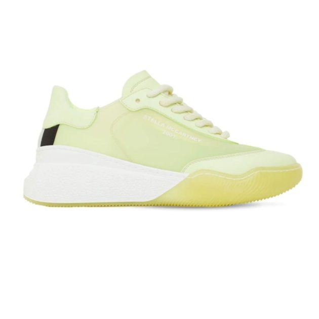 Lime green and white sneakers