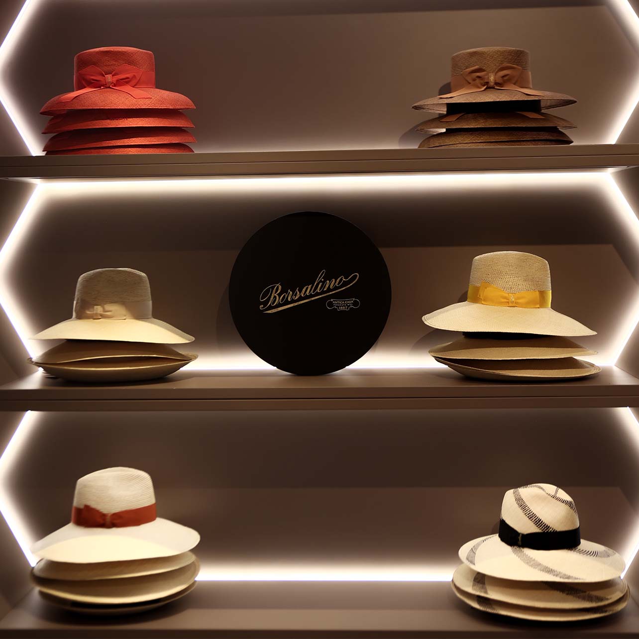 Detail shot of the Borsalino hats arranged at the Bal Harbour Shops store