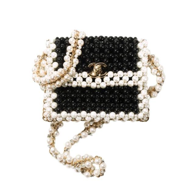 Black and white beaded flap bag