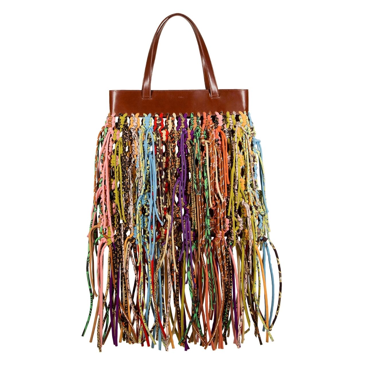 Tote bag with multicolored fabric tassels