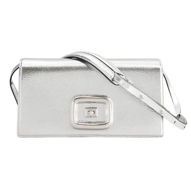 silver metallic handbag with crossbody strap