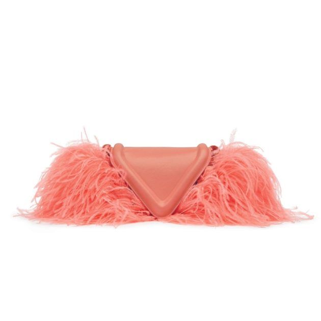 Peach colored clutch bag with feather lining