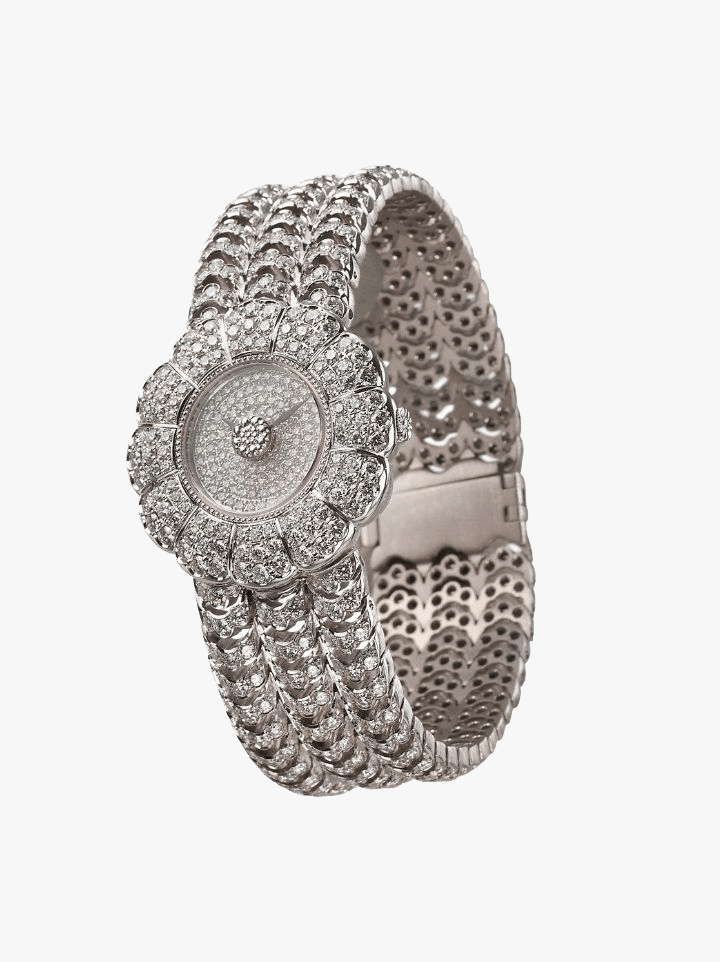 Behind on your push presents? Consider Buccellati’s Elio watch in 18k white gold and set with diamonds. The delicate bracelet features a 31-mm dial, Swiss quartz movement and even tells time.