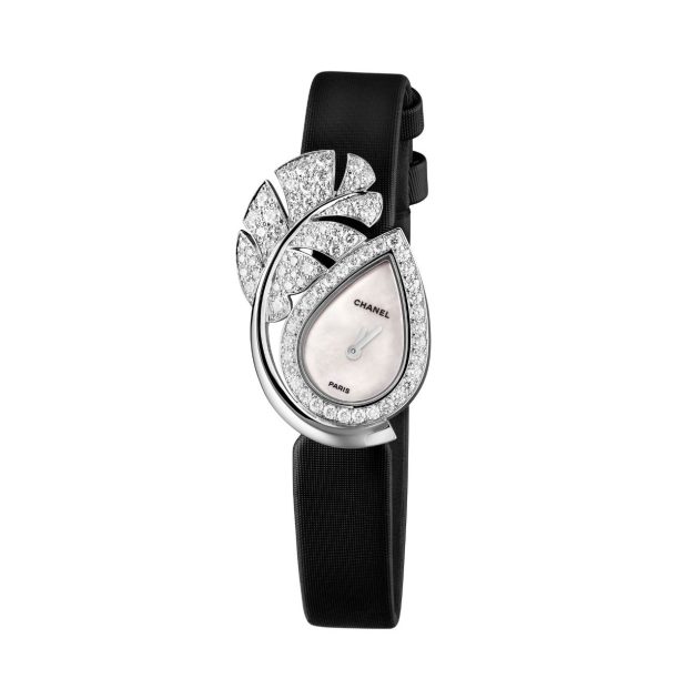 chanel watch with black wristband, diamond and white gold face