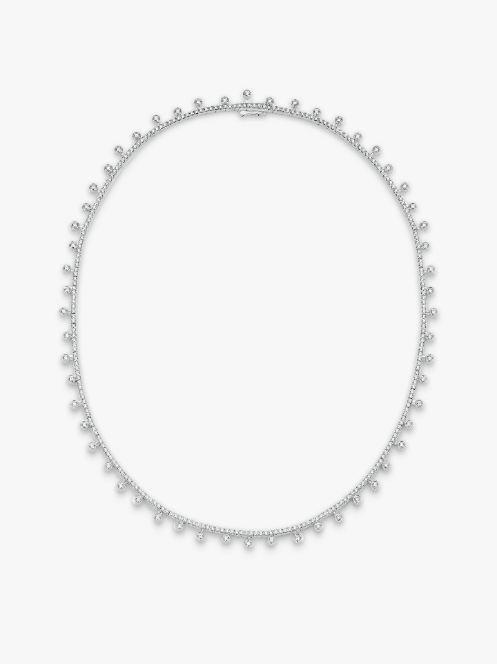 “Too many diamonds,” said no one ever. Smiles are guaranteed with De Beers’ dewdrop necklace set in 18k white gold with 4.60 carats.