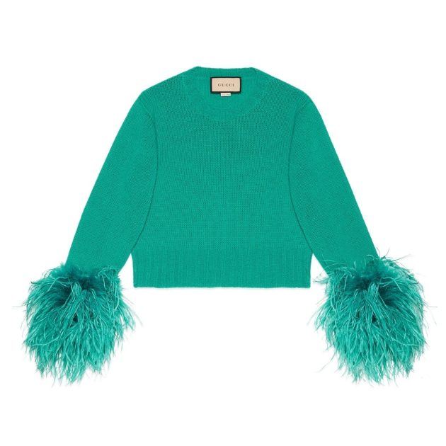 Green crew neck sweater with feather lined sleeves