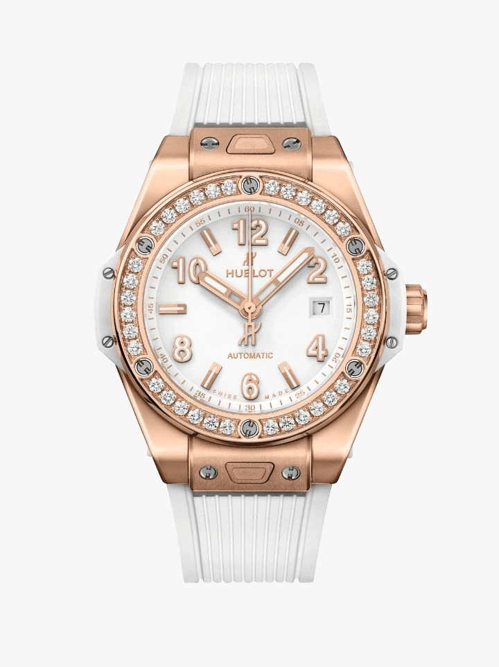 Is she constantly running a few minutes behind? Guarantee she’ll check her watch more with Hublot’s King Gold white diamond watch, set with 11 diamonds on its face and 36 on its bezel.