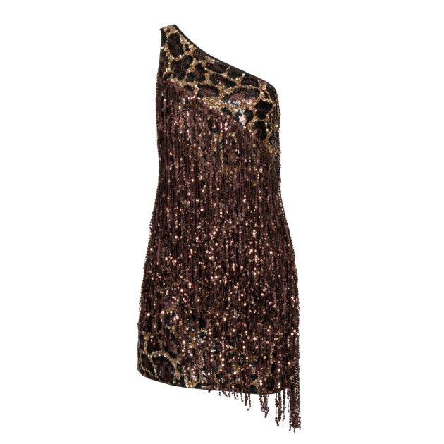 one shoulder leopard dress with sequins and fringe detailing