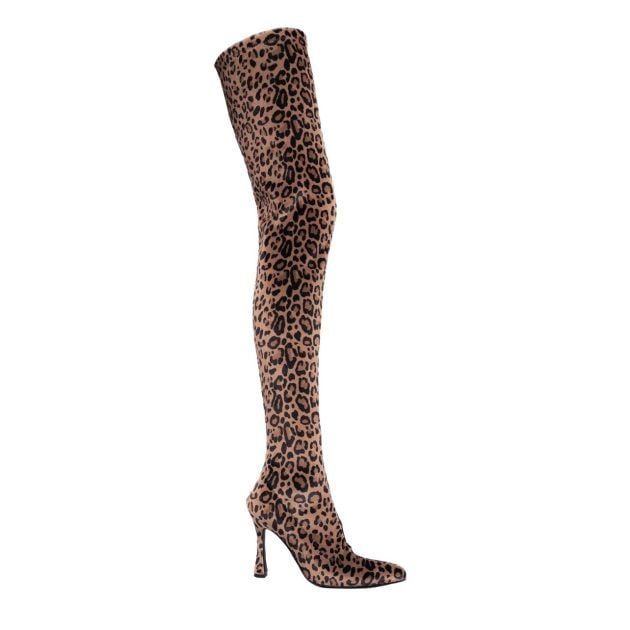 Leopard print, thigh-high heeled boots
