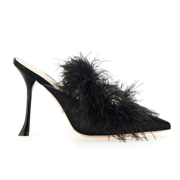 Black heeled mule with feather detailing on the toe