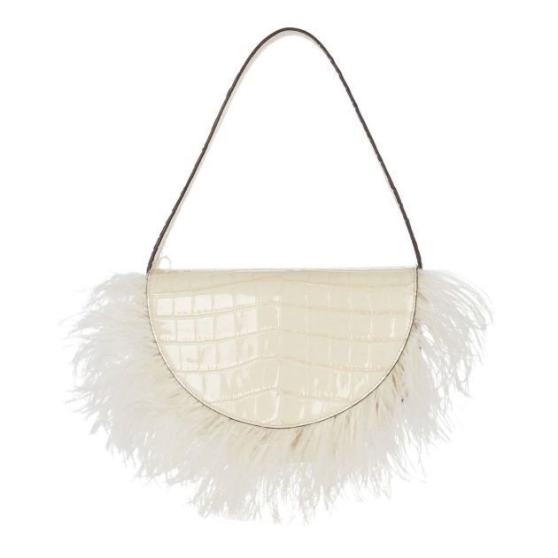 White shoulder bag with white feather trim