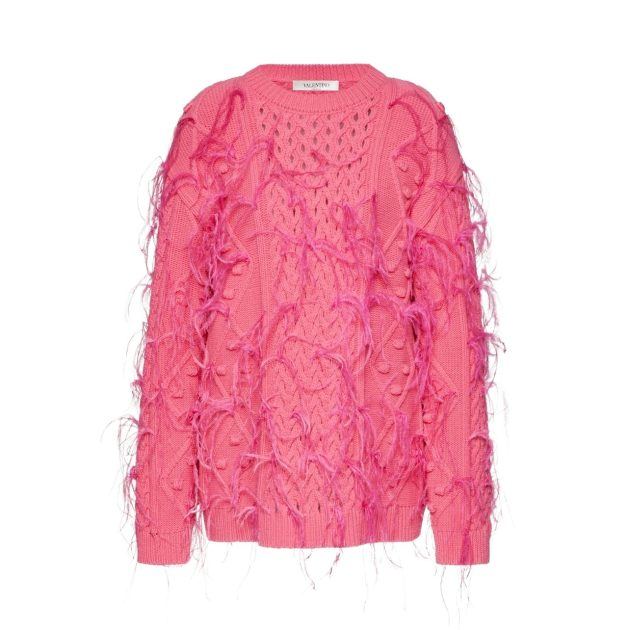 pink crew neck sweater with feather details