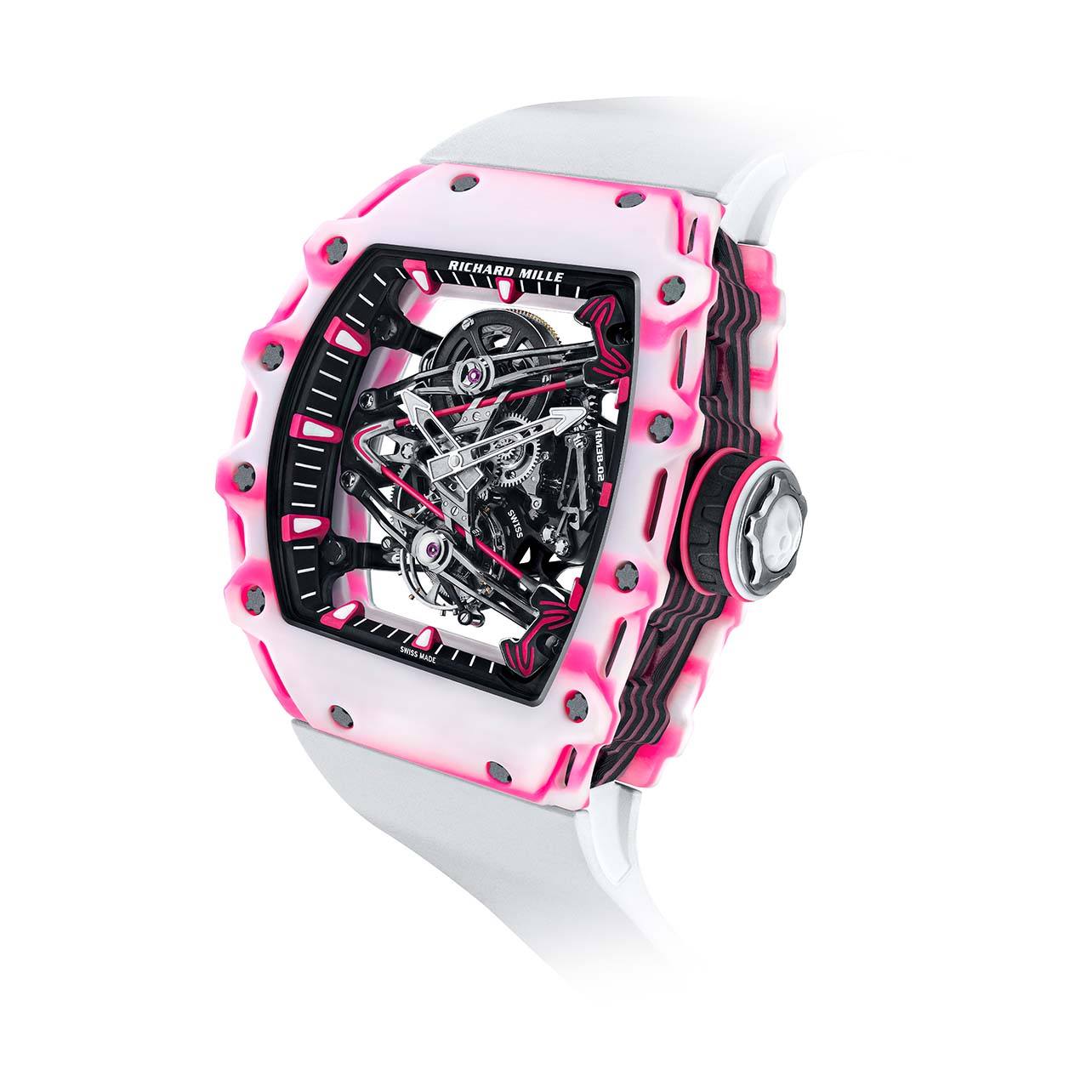 Richard Mille watch with a white wristband and pink and white face
