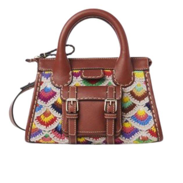 brown leather and multicolored pattern top handle bag