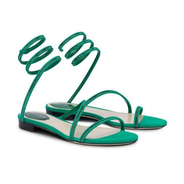 Green sequin flat sandals with wrap around detail
