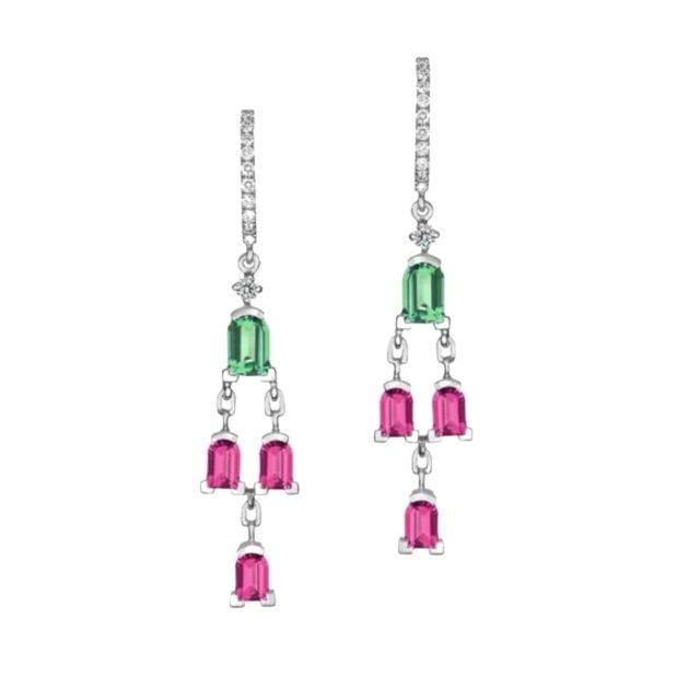 drop down earrings with green and pink stones