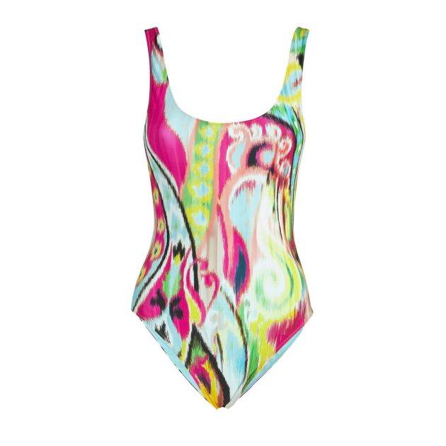 Multicolored patterned one piece swimsuit