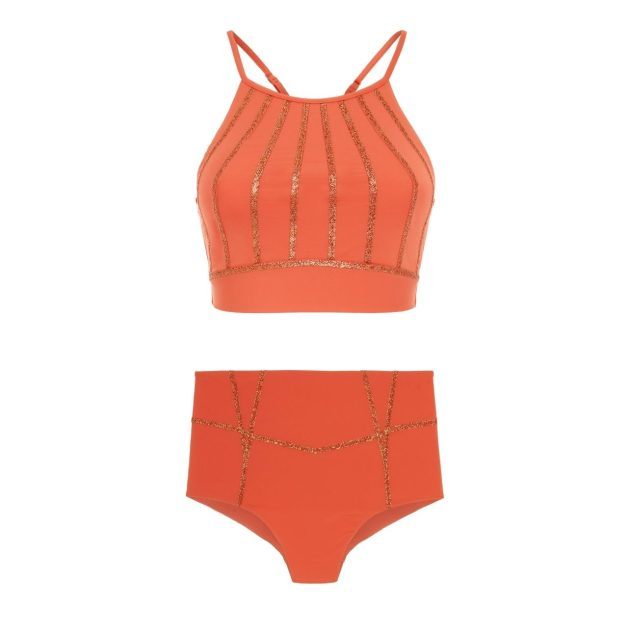 Coral bathing suit top and high waisted bottom set