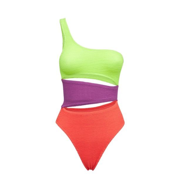 green, purple and pink color block one piece swimsuit