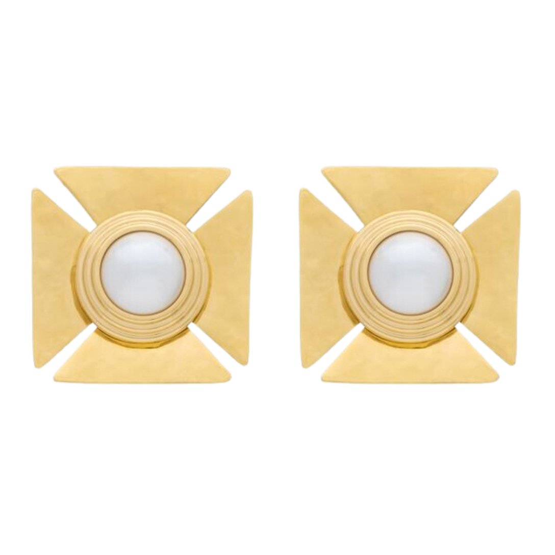 Saint Laurent square gold metal earrings with pearly center