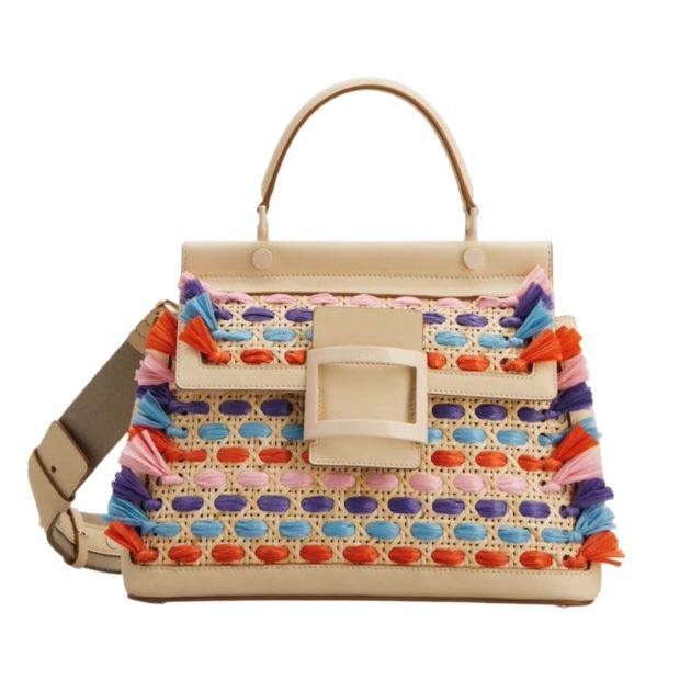 Multicolored woven straw top handle bag
