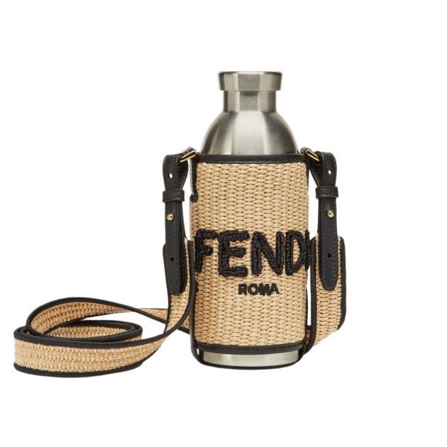 Raffia and black leather water bottle holder