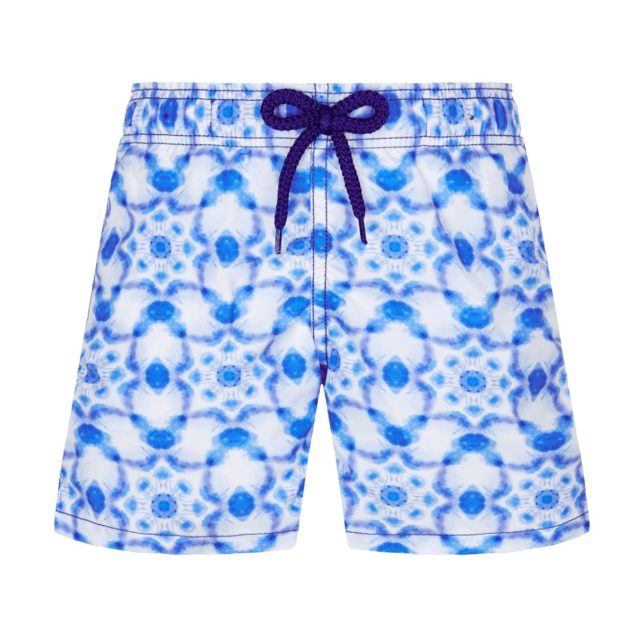 Blue kaleidoscope patten swim shorts with navy waist tie