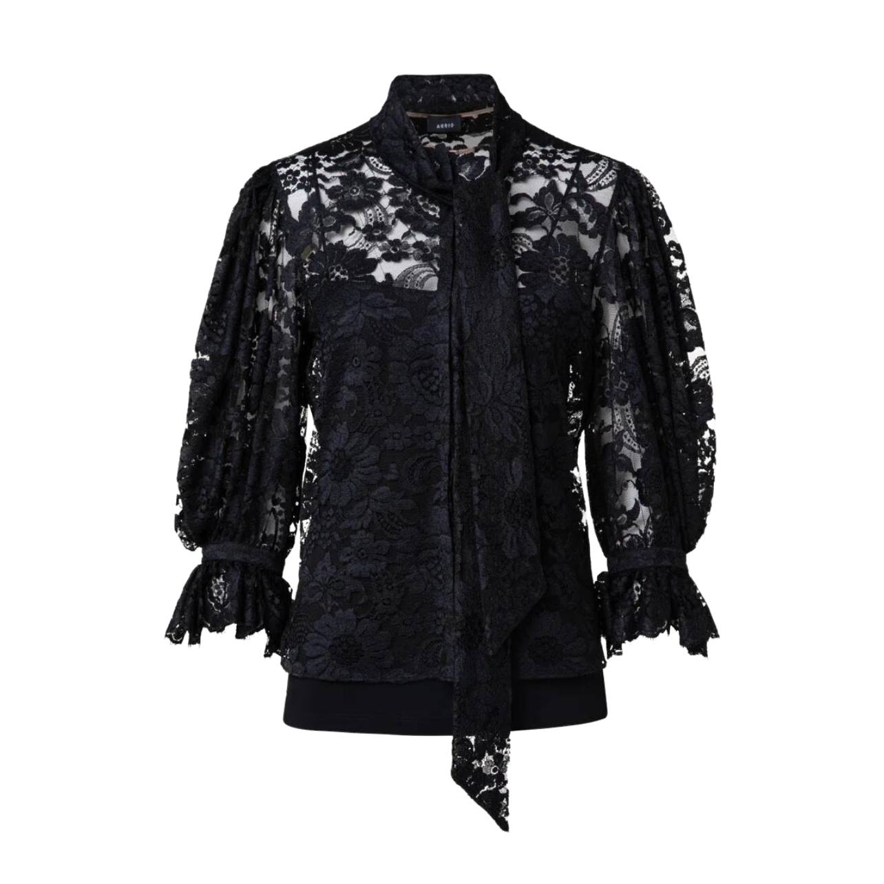 Akris black lace vintage inspired blouse with gathered shoulders and ruffle sleeves