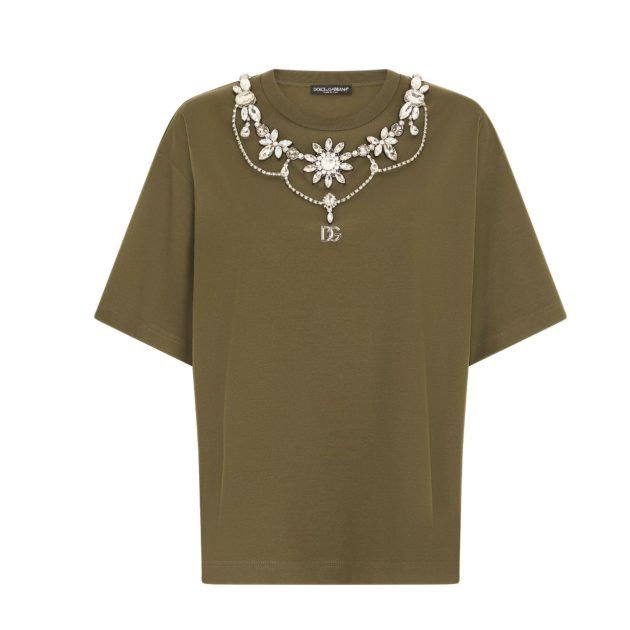 dark green t shirt with rhinestone embellishments