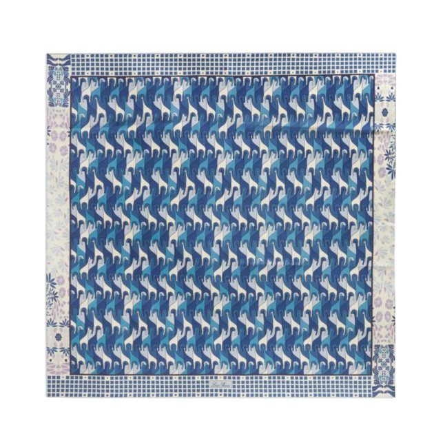 blue and white patterned silk scarf