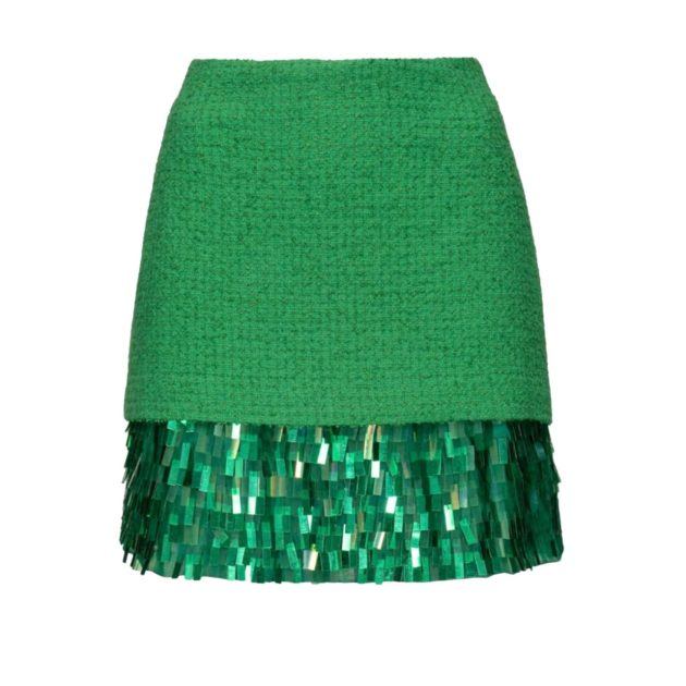 Green high waisted skit with sequin embellishments on the hem