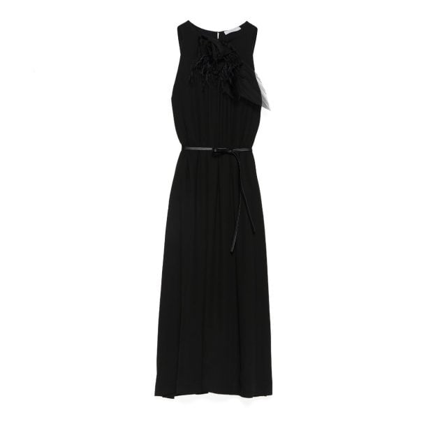 black sleeveless dress with braided waist belt