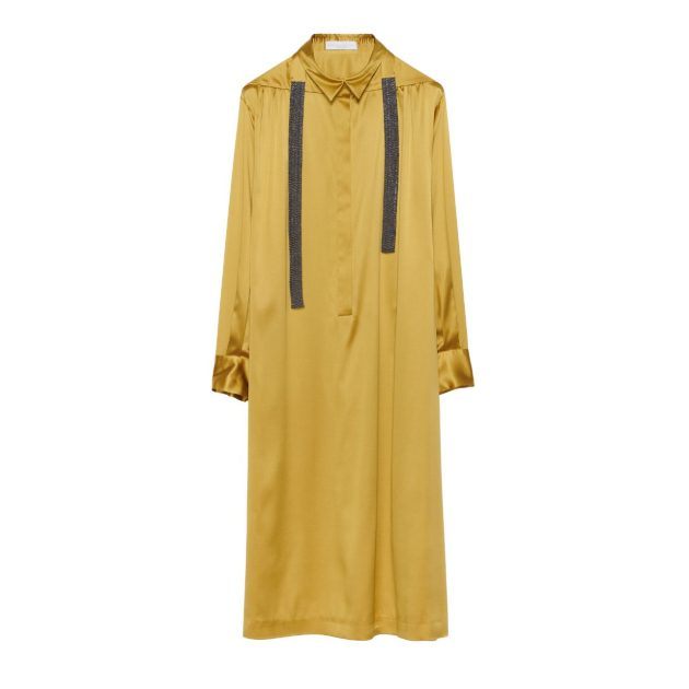 Mustard colored long sleeve midi dress