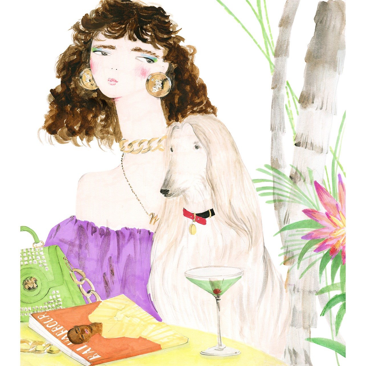 Illustration of a woman sitting with a long-haired dog