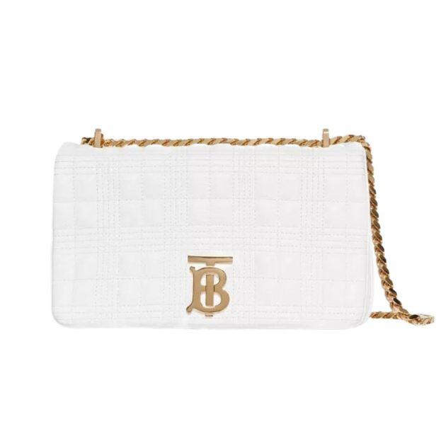 White quilted bag with gold chain strap