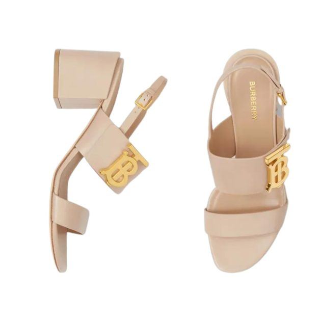 tan block sandals with gold hardware