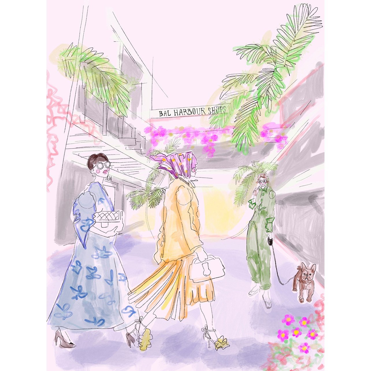 Illustration of women walking through bal harbour shops by lily ghodsi