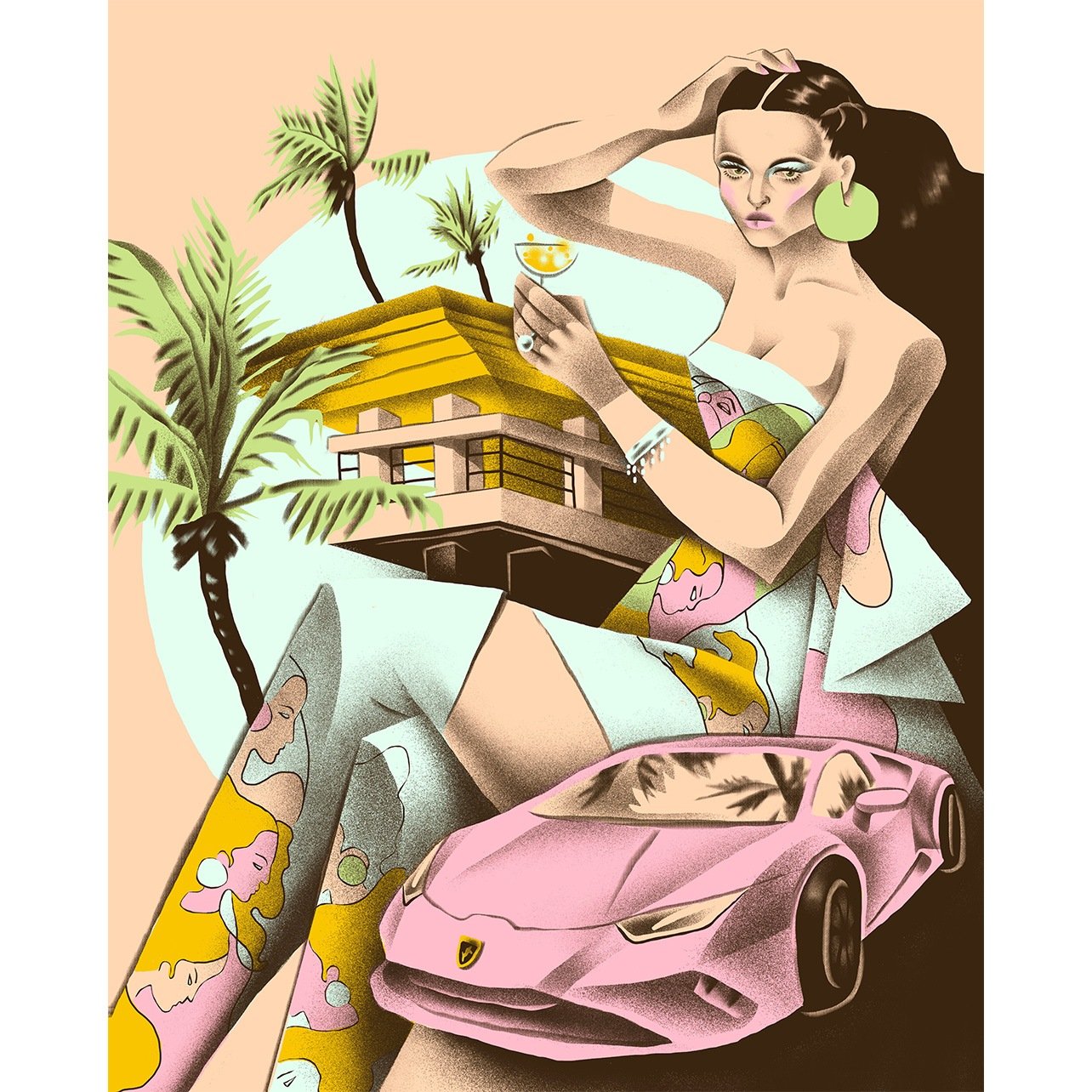 Illustration of a Woman and a pink lamborghini by ricardo diseno