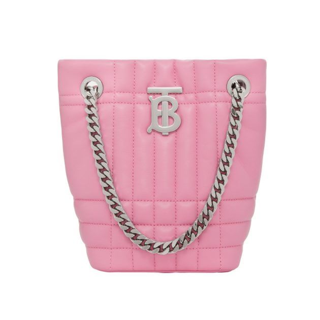Light pink quilted tote bag with silver hardware