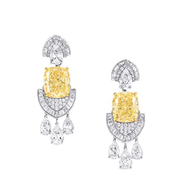yellow and white diamond drop down earrings