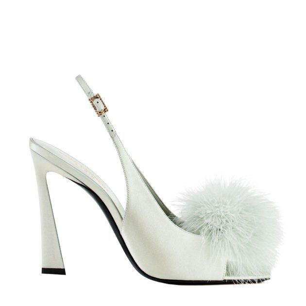 light blue pumps with feather detailing on the toe