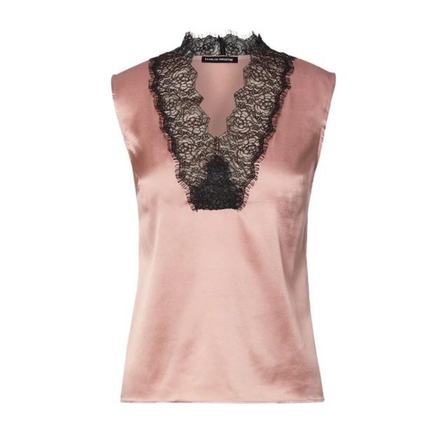 pink blouse with black lace trim