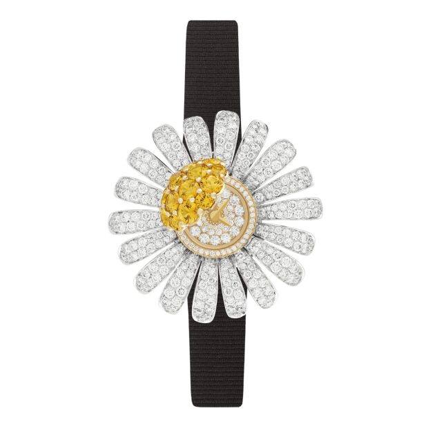yellow gold and diamond watch with black band