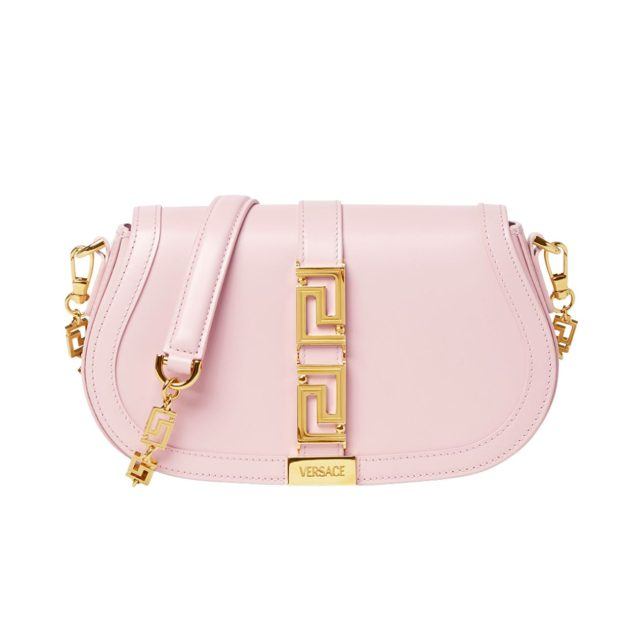 light pink cross body purse with gold chain