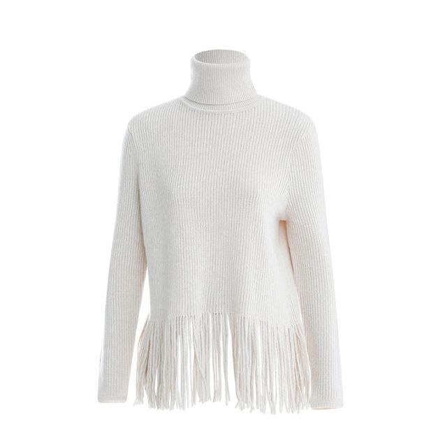 White turtleneck sweater with fringe hem