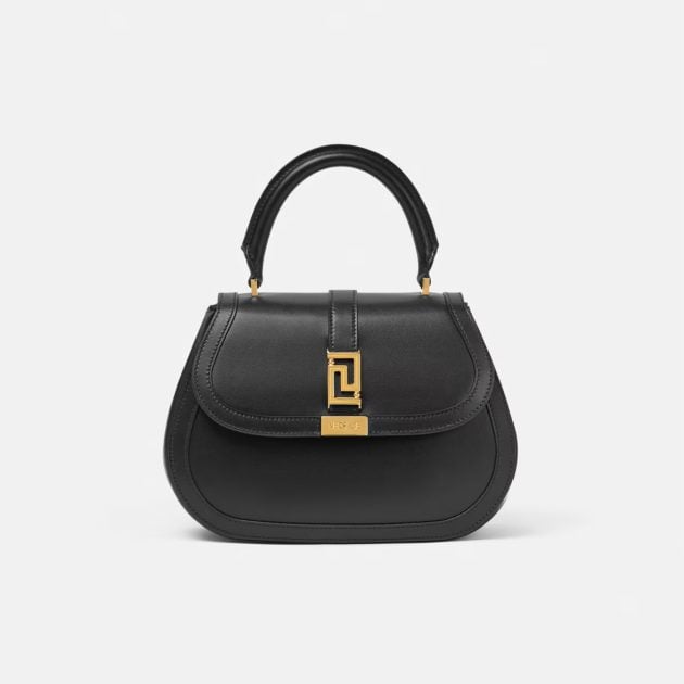 Black Versace Greca Goddess leather top handle bag with gold hardware