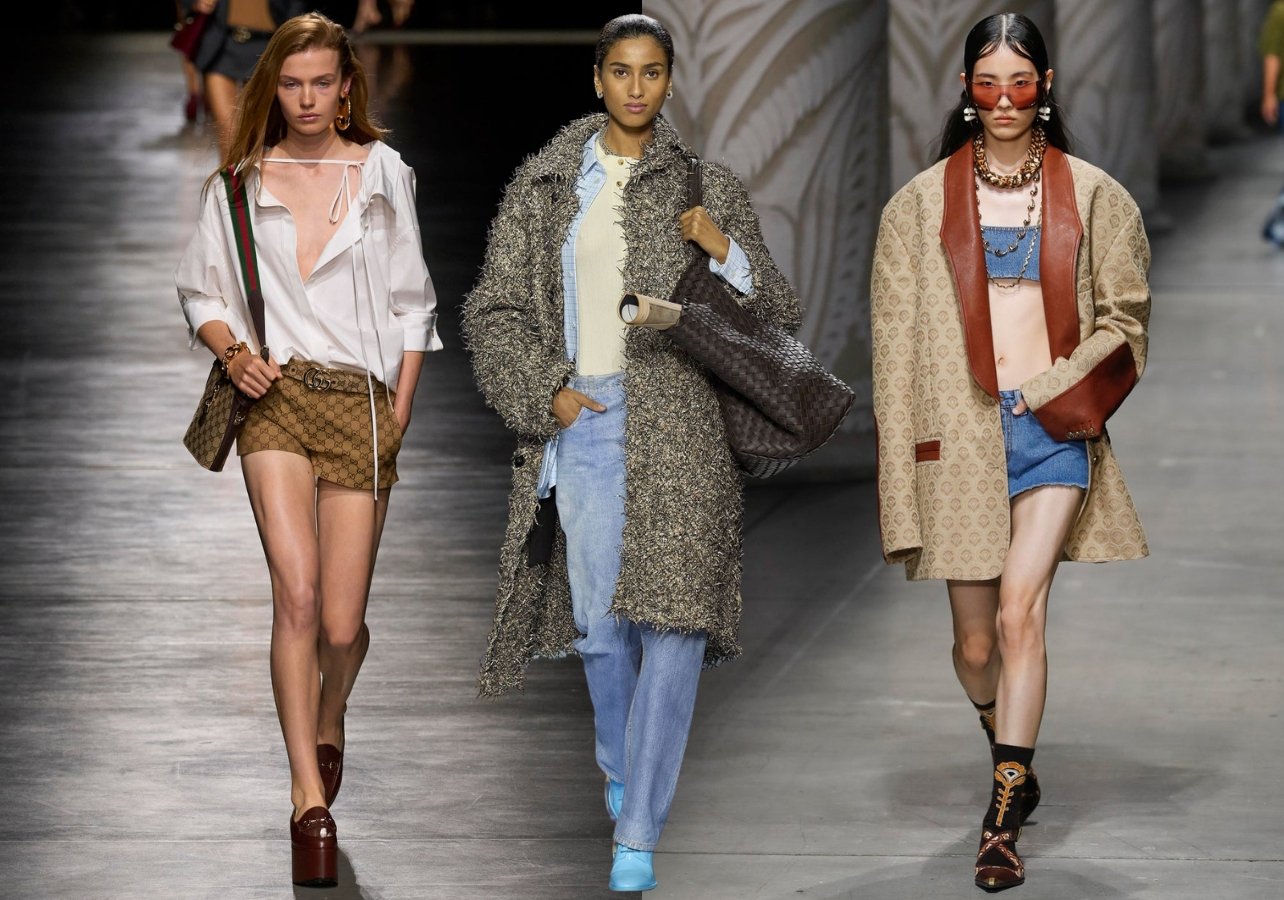 A collage of three looks from Gucci, Bottega Veneta, and Etro at Fashion Week