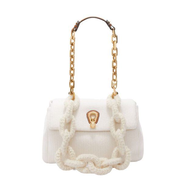 White knit purse with gold chain detailing