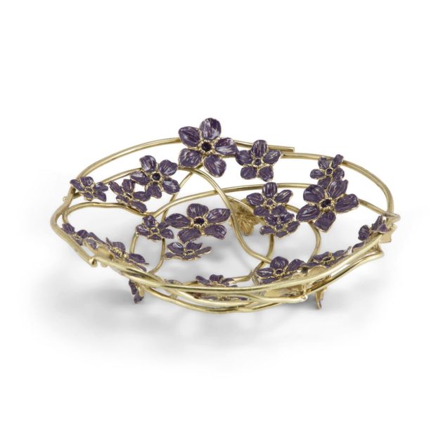 brass decorative bowl with purple flowers