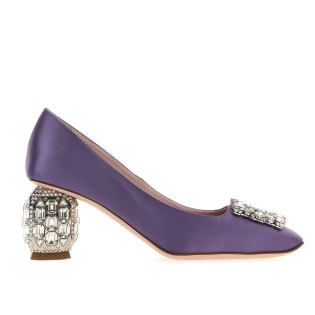 purple satin pumps with jewel heel